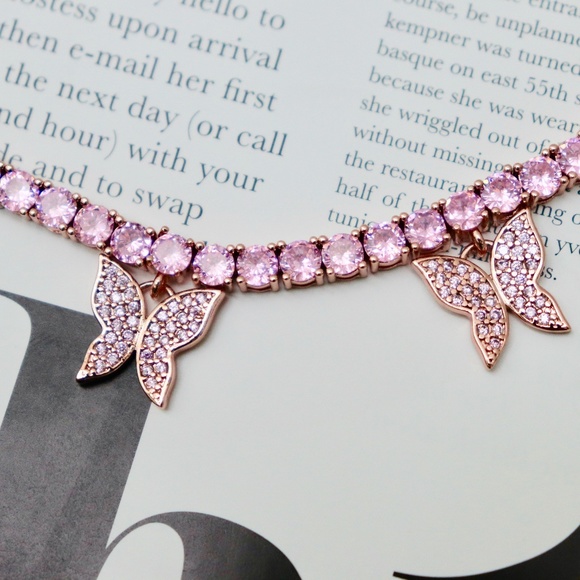 CZ Pink Tennis Chain Baby Butterfly Charmed Choker - Picture 3 of 8